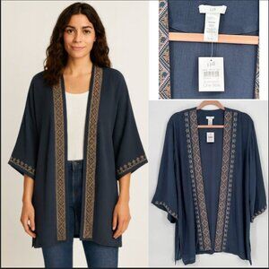 J.JILL EMBROIDERED CRINKLED KIMONO IN BLUE SMOKE‎ LAGENLOOK MULTI  NWT